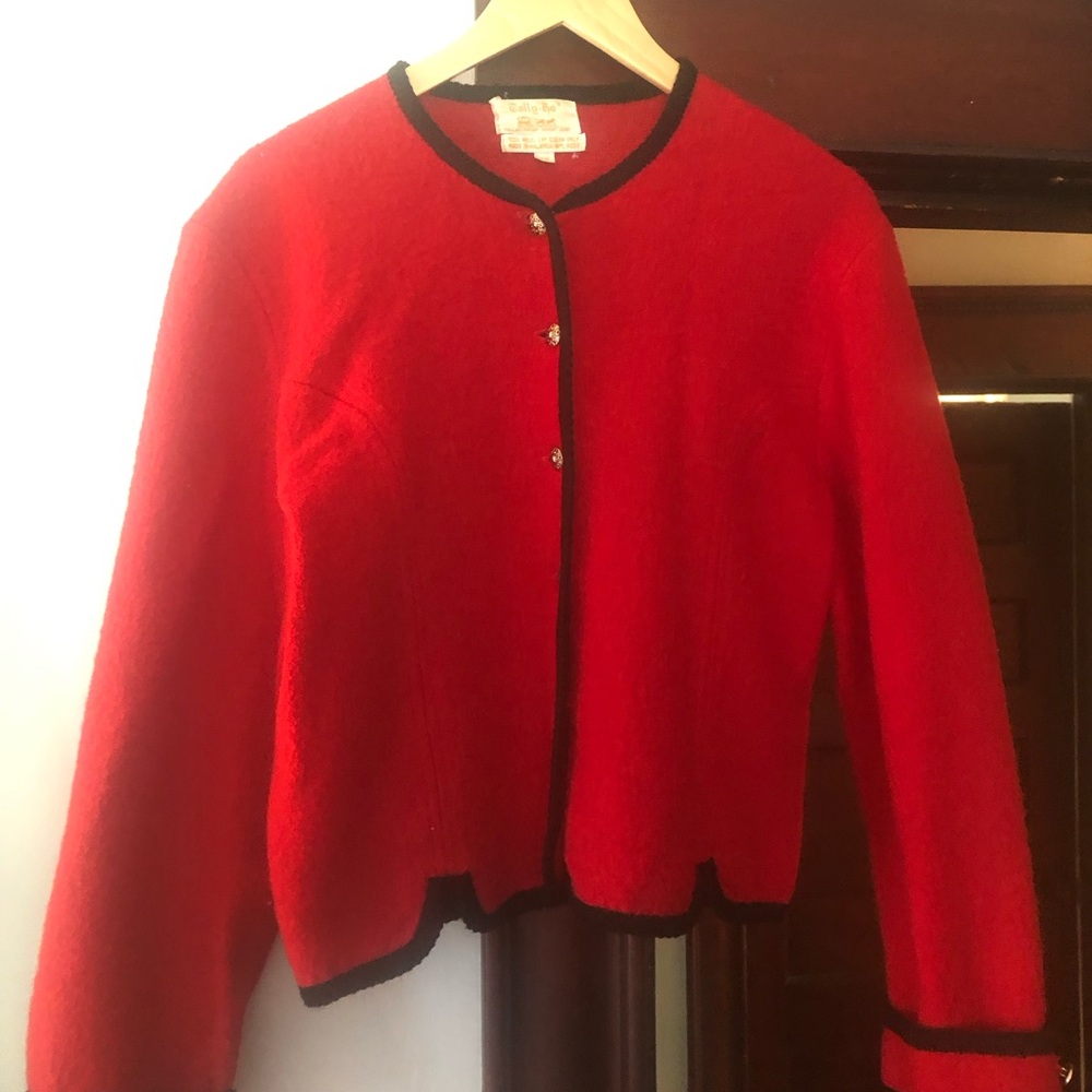 Vintage tally-Ho Red Crewneck wool Cardigan Sweater with Black Trim